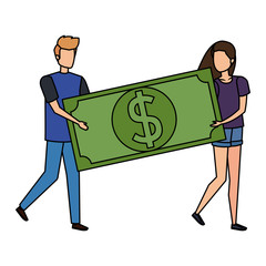 Canvas Print - young couple lifting bill money dollar characters