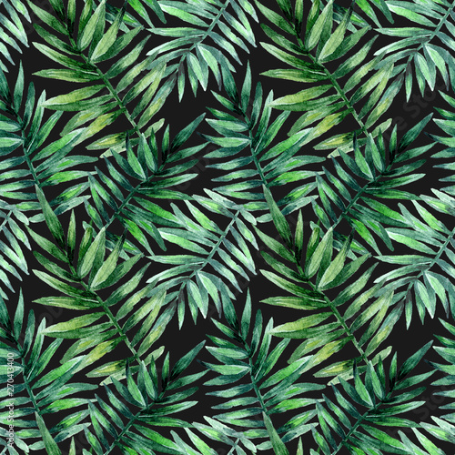 Nowoczesny obraz na płótnie Watercolor seamless pattern with tropical leafs. Exotic fresh pattern isolated on black background