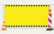 Baustelle Absperrung Sicherung - Warnbake mit Warnleuchte und Leitkegel vor Mobilzaun Bauzaun mit gelben Banner und Warnmarkierung - Platz für Eindruck