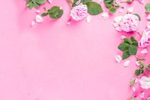 Pink Pattern Background With Roses, Above Layout Copy Space