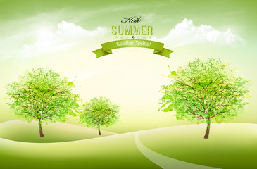 Fototapete - Summer nature background with a green trees and white clouds. Vector.
