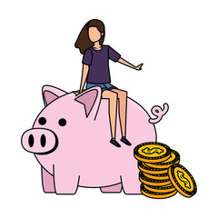 Canvas Print - young woman seated in piggy savings with coins money