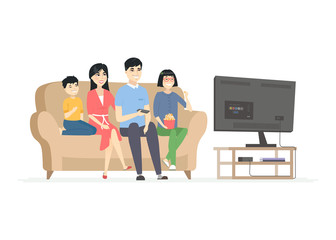 Wall Mural - Happy Chinese family watching TV - modern cartoon people characters illustration