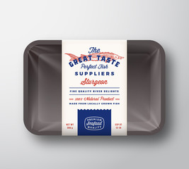 Wall Mural - great taste fish suppliers abstract vector rustic packaging design label on plastic tray with cellop