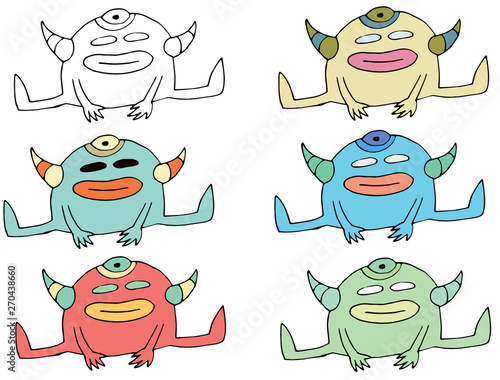 Funny Cartoon Colored Write Hand Made Draw Doodle Monster Aliens