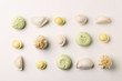 Composition with different dumplings on white background, top view