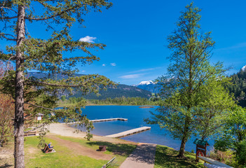 Mountain Lake with Blue Sky in British Columbia, Canada.