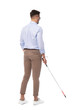 © New Africa - Young blind person with long cane walking on white background