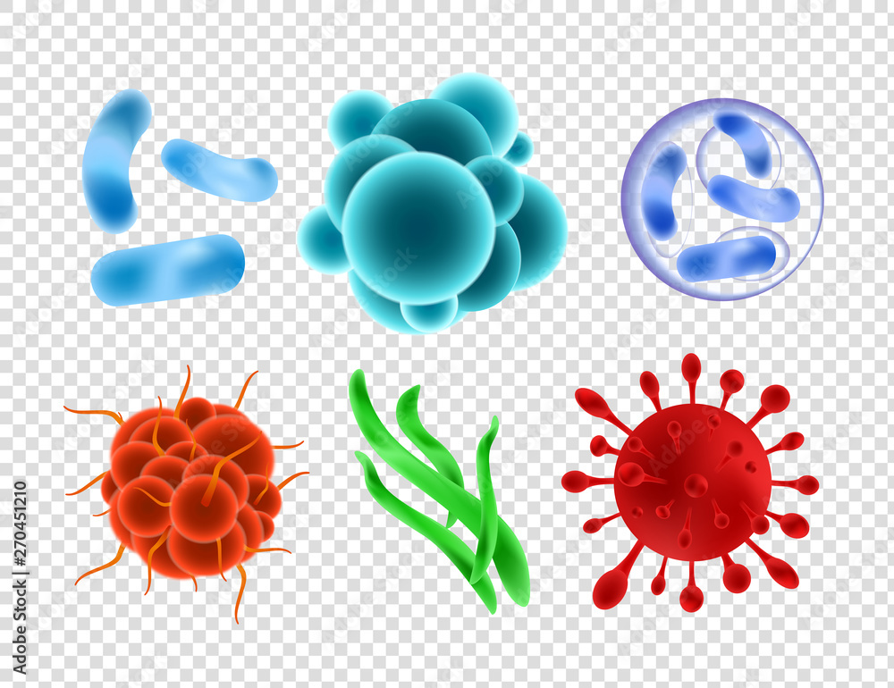 Vector illustration set of bacterias and virus, parasites, close up microscopic cells isolated on transparent background. Collection of microorganism, microbe. - obrazy, fototapety, plakaty 