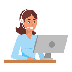 Wall Mural - young woman using computer cartoon