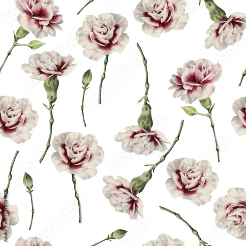 Seamless floral pattern with carnation, watercolor.