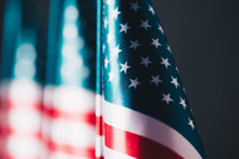 Selective Focus Of United States National Country Flag Isolated On Black, Memorial Day Concept