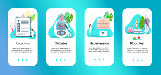 Landing page with magnifier and blood glucose testing meter, doctors, tiny people. Diabetes mellitus, type 2 diabetes and insulin production concept vector.