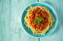 Spaghetti Bolognese On Wooden Surface