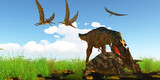 Fototapeta  - Albertosaurus attacks Albertaceratops - With a vicious neck bite an Albertosaurus attacks Albertaceratops to disable the dinosaur as Pteranodons fly over like vultures.