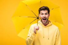 Handsome Excited Man Holding Umbrella Isolated On Yellow