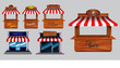 © coolvectormaker - Wooden market stand stall and various kiosk, with red and white striped awning   isolated (fast food, vegetable, fresh fruit, barber shop, handycraft centre,   cake bakery). easy to modify
