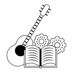 Sticker - Book with gears and guitar music instrument in black and white