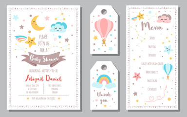 Wall Mural - Baby Shower invitation templates banners Menu, Thank You Moon Star rainbow Vector illustration