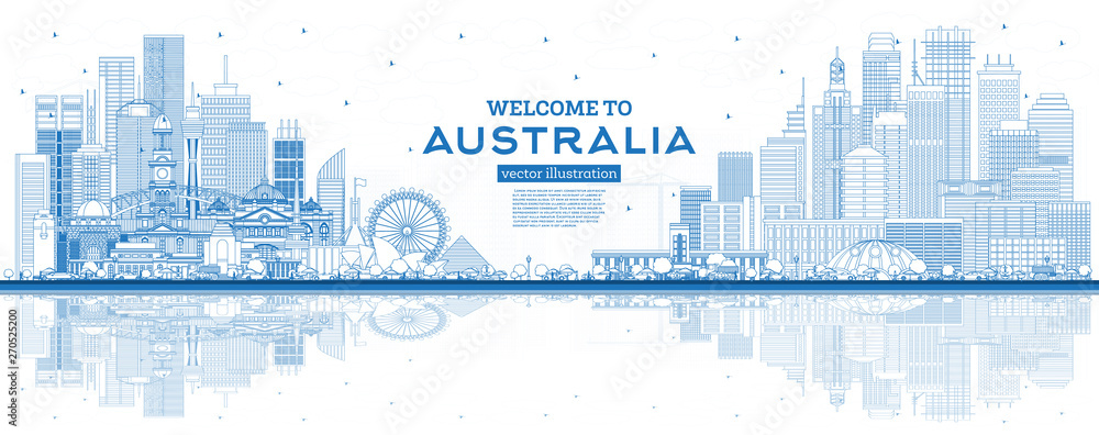 Outline Welcome to Australia Skyline with Blue Buildings and Reflections. - obrazy, fototapety, plakaty 