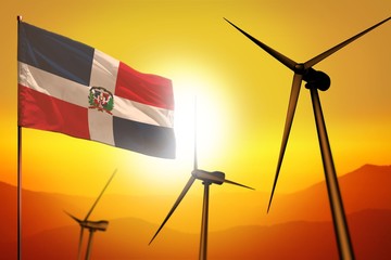 Dominican Republic wind energy, alternative energy environment concept with wind turbines and flag on sunset industrial illustration - renewable alternative energy, 3D illustration