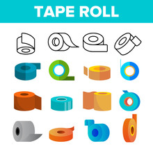 Sticky Tape Rolls Vector Color Icons Set. Adhesive Tape Roll, Office Supply, Stationery Linear Symbols Pack. Masking Sellotape, Plaster. Decorative Ribbons, Bandage Isolated Flat Illustrations