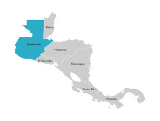 Poster - Vector illustration with simplified map of Central America region with blue contour of Guatemala. Grey silhouettes, white outline of states' border