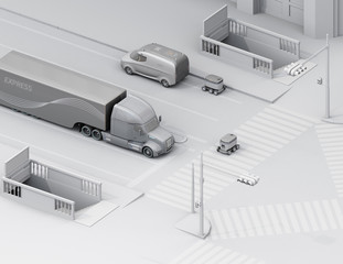 Isometric view of self-driving delivery robot crossing the road with a pedestrian crossing. Clay rendering with soft texturing. 3D rendering image.