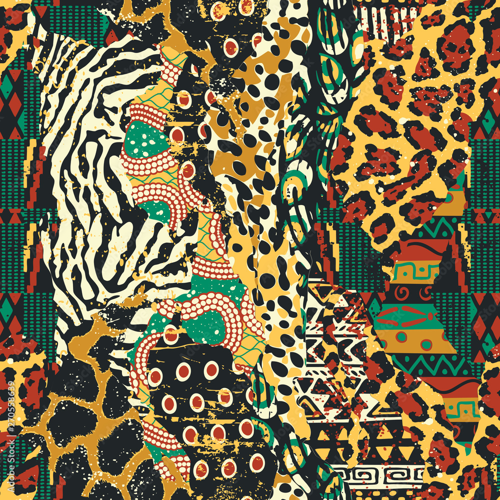 Traditional african fabric and wild animal skins patchwork wallpaper vector seamless pattern - obrazy, fototapety, plakaty 