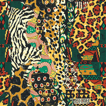 Traditional African Fabric And Wild Animal Skins Patchwork Wallpaper Vector Seamless Pattern