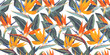 ,Seamless pattern with tropical flowers and leaves of Strelitzia, called crane flower or bird of paradise. Realistic style, hand drawn, vector. Background for prints, fabric, wallpapers, wrapping pape