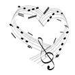 Music notes in the shape of the heart. Vector illustration of black music notes on white background. I love music