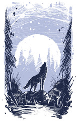 Naklejka na meble Graphic silhouette howling wolf standing on stone in forest. On full moon with snow background. Line art style. Nature landscape.