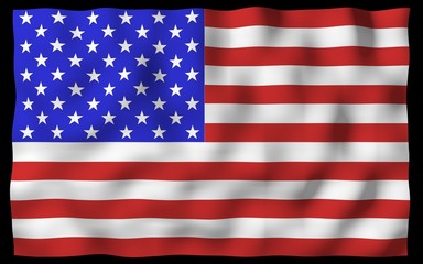 Waving flag of the United States of America on a dark background. Stars and Stripes. State symbol of the USA. 3D illustration