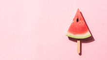 Watermelon Popsicle. Water Melon Slice On Pink Background. Top View Or Flat Lay. Summer, Healthy Diet, Vegetarian Vegan Concept. Copy Space For Text. Banner