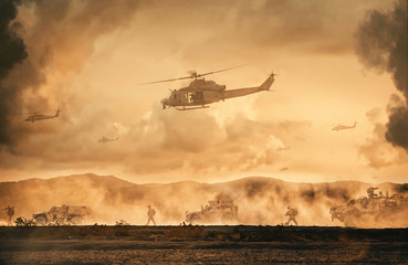 Wall Mural - Military helicopters, forces and tanks between storm and dust in desert to reach battlefield.