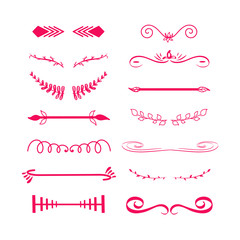 Dividers. Set of retro text dividers and decorative calligraphic lines. Vector illustration arrow, floral ornament, laurels. Red color delimiters page. Doodle design elements. Cute handdrawn sketched.