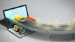 © nosorogua - transportation concept road from the laptop on the road going truck there are boxes and a loader on the laptop 3d render on grey gradient