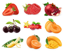 Fresh Fruits And Berries. Strawberry, Raspberry, Pomegranate, Cherry, Apricot, Banana, Orange, Mango. 3d Realistic Vector Set
