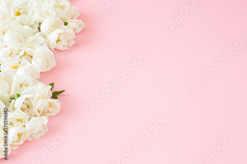 Beautiful Fresh White Roses On Pastel Pink Background Soft Light
