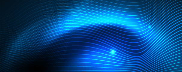 Smooth wave lines on blue neon color light background. Glowing abstract wave on dark, shiny motion, magic space light