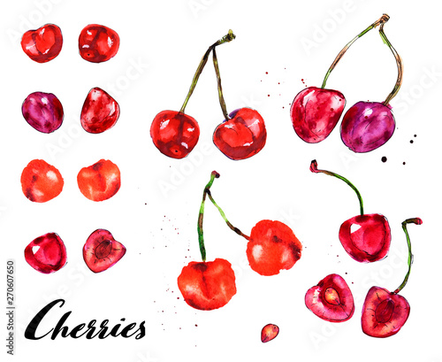 Watercolor set from red juicy cherries. Sketch drawing. Food background, pain...