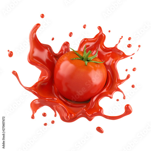 Cuadros en Lienzo Red tomato with juice or ketchup splash isolated on white background,3d rendering
