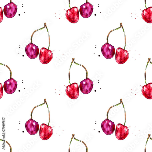 Watercolor seamless pattern from red juicy cherries. Sketch drawing. Food bac...