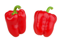 Sweet Red Bell Pepper With Green Stem Isolated On White Background. Red Sweet Pepper Isolated With Clipping Path.