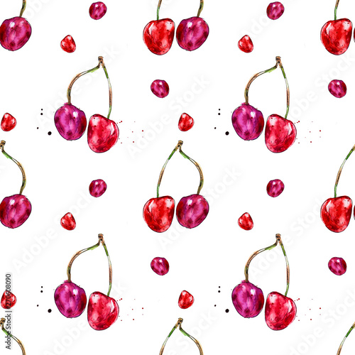 Watercolor seamless pattern from red juicy cherries. Sketch drawing. Food bac...