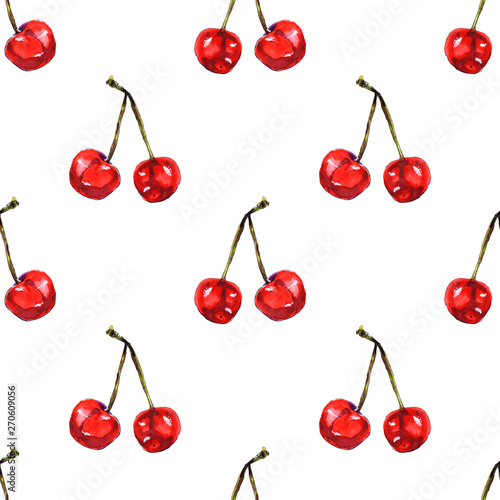 Watercolor seamless pattern from red juicy cherries. Sketch drawing. Food bac...