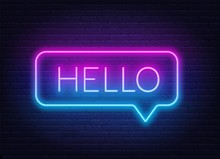 Neon Gradient Sign Of Word Hello In Speech Bubble Frame On Dark Background. Light Banner On The Wall Background.