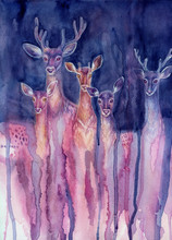Dreamy Drawing Of Violet Deers By Blue Background