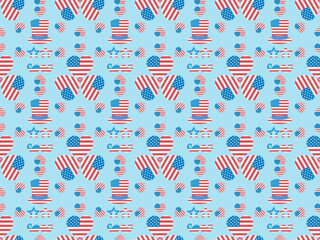 Sticker - seamless background pattern with mustache, glasses, hats and hearts made of usa flags on blue